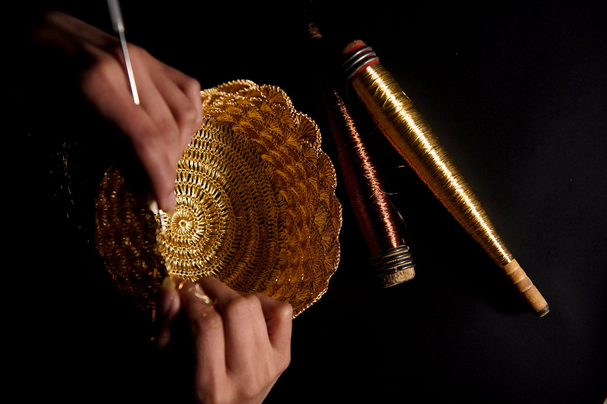 VERDI Mochila handwoven in metal thread and natural fiber, a modern reinterpretation of Colombia's traditional mochila bag